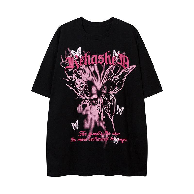 Butterfly Printed Short Sleeve T-shirt For Women Black MuddyStock