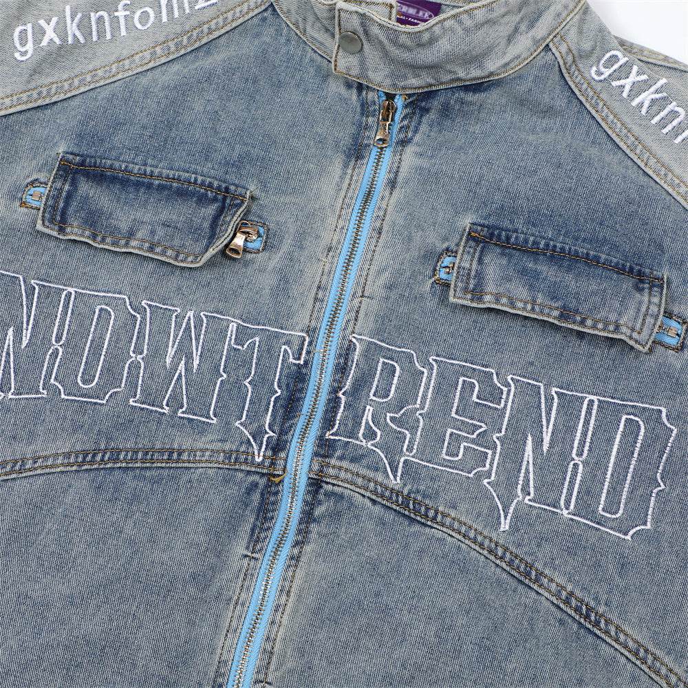 Men's Stitching Embroidered Letters Washed And Worn Zipper Denim Coat For Men And Women MuddyStock