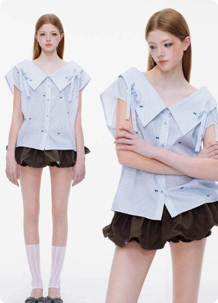 Strap Bow Striped One Shoulder Sleeveless Top For Women MuddyStock