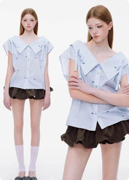 Strap Bow Striped One Shoulder Sleeveless Top For Women