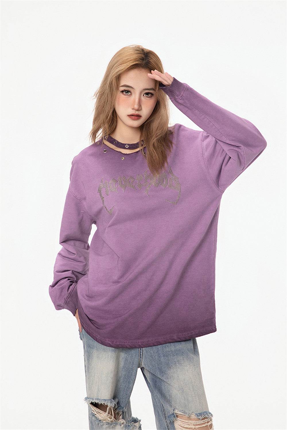 Hollow Round Neck Long Sleeve T-shirt Women MuddyStock