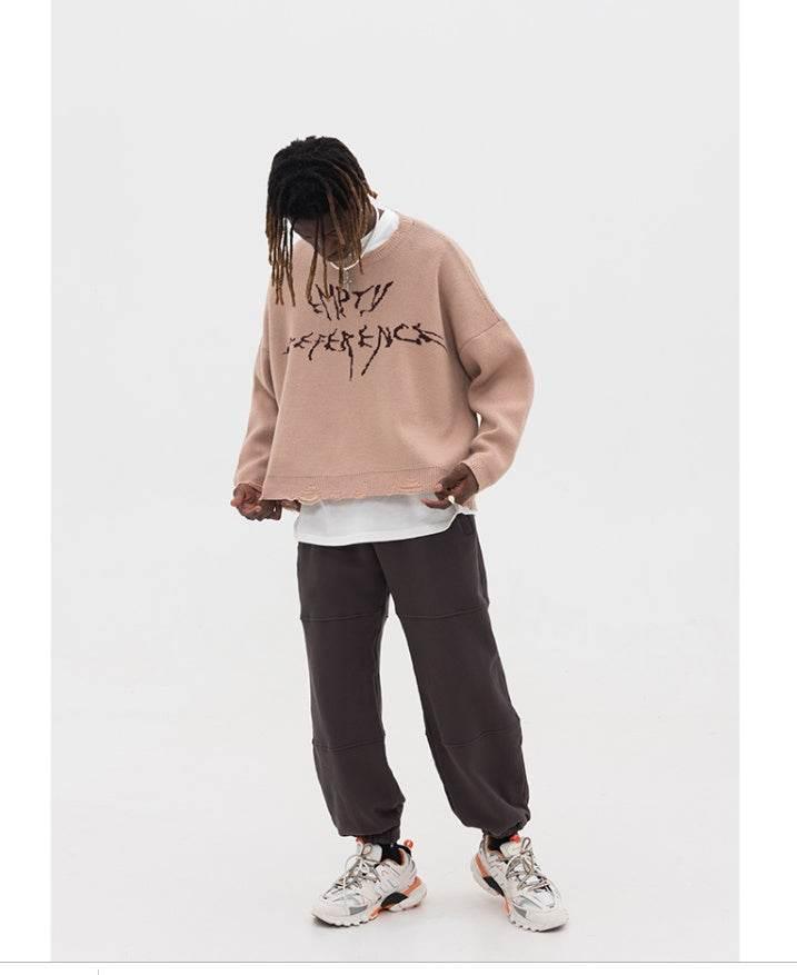 Camel round neck ruined long-sleeved sweater for men