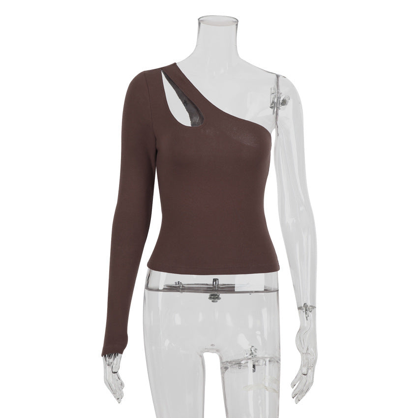 Slanted Shoulder Asymmetric Hollow Long-sleeved Bottoming Top MuddyStock