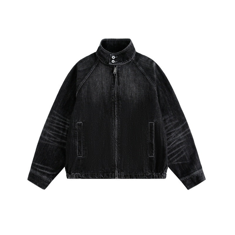 Streetwear Washed Faded Stand Collar Zipper Loose Denim Jacket For Men And Women | MuddyStock Originals Black MuddyStock