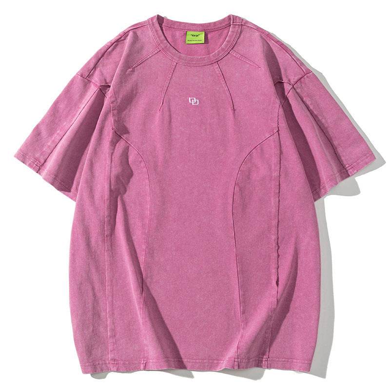 American Washed Patchwork Short-sleeved T-shirt Men Macaron Pink MuddyStock