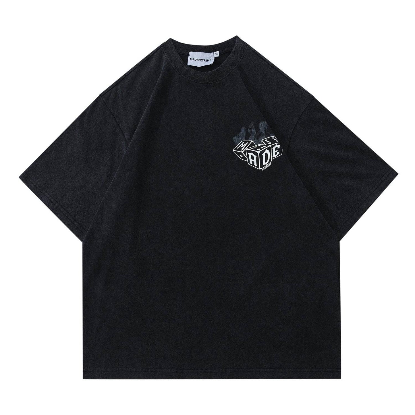 Street Retro Women's Flame Dice Printed Short Sleeve Black MuddyStock