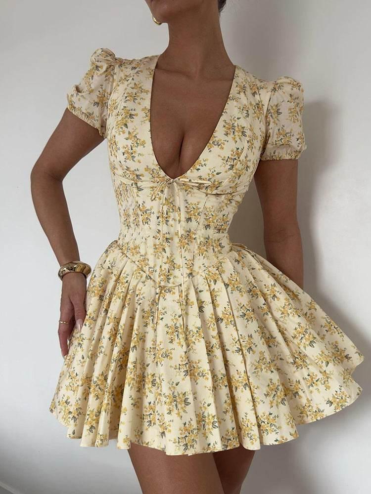 Fashion Pleated Floral Dress For Women Yellow XL