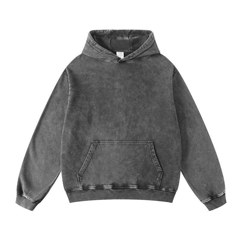 Thickened Washed Old Gradient Solid Color Batik Hooded Sweater For Men And Women Dark Gray MuddyStock