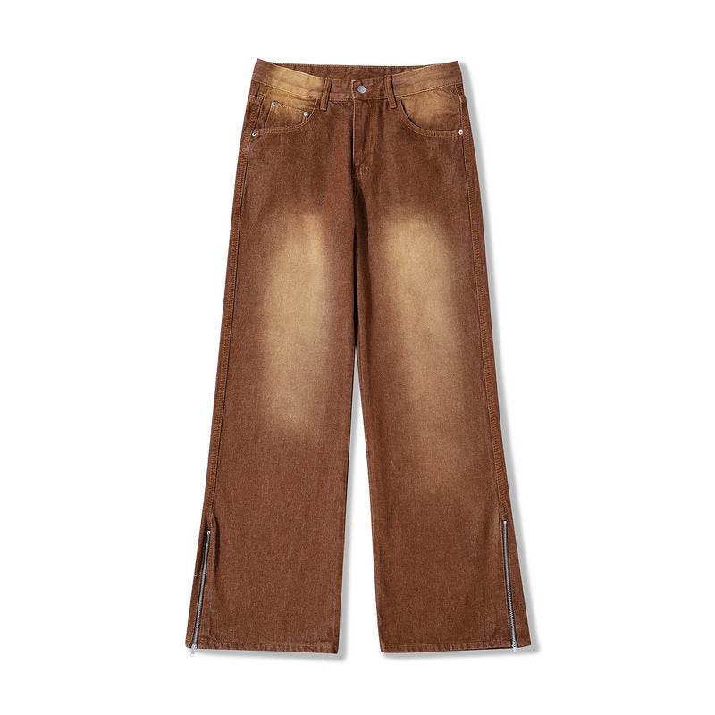 Vintage Distressed Washed Side Zipper Loose Pants For Men MuddyStock