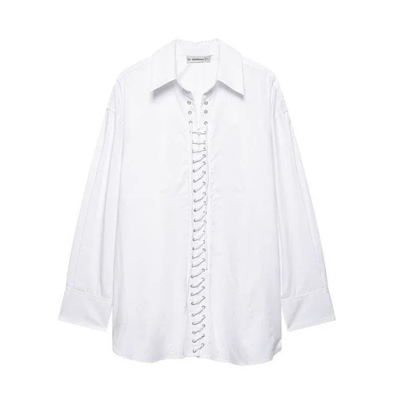 European And American Style Solid Color Loose Casual Front Lace-up Shirt MuddyStock