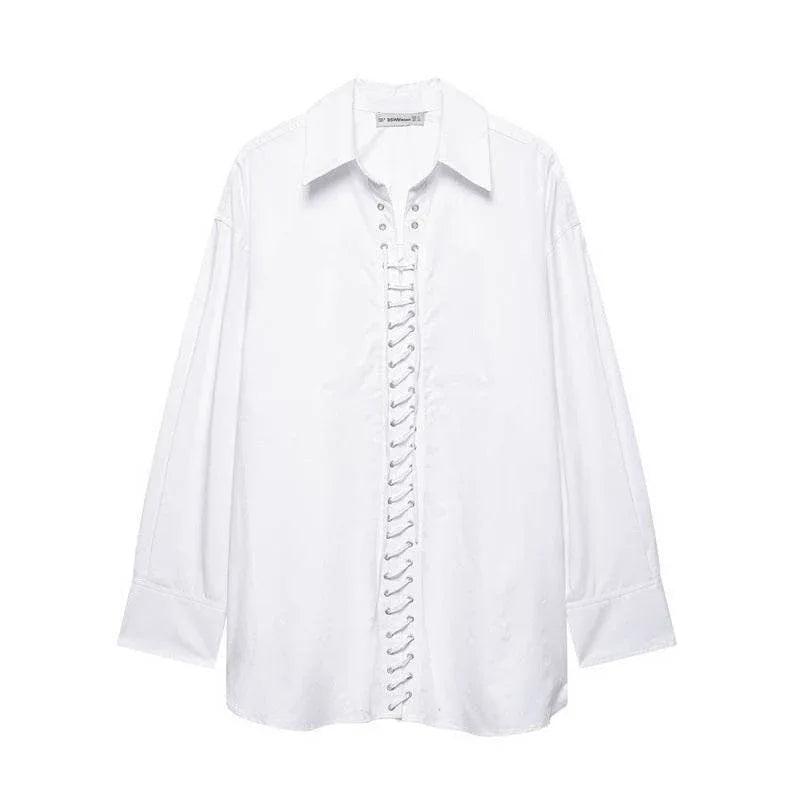 European And American Style Solid Color Loose Casual Front Lace-up Shirt