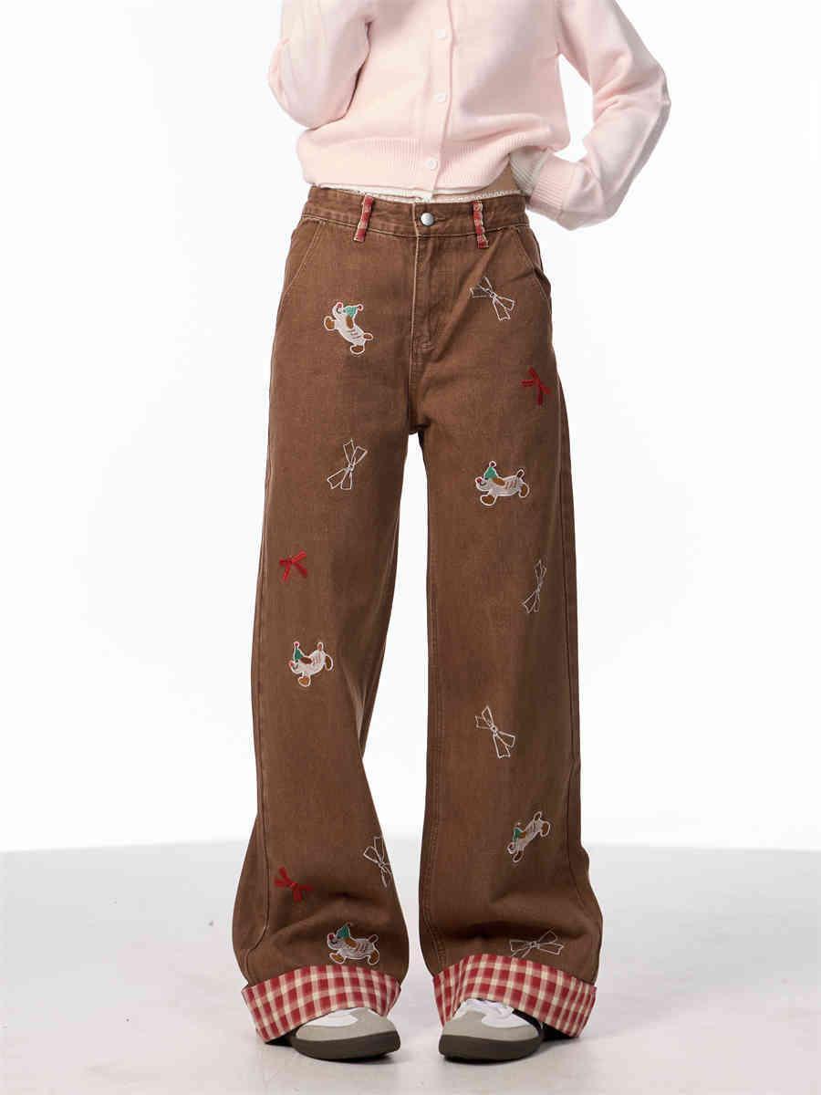Vintage Bow Puppy Embroidered Wide Leg High Waist Jeans For Women Coffee