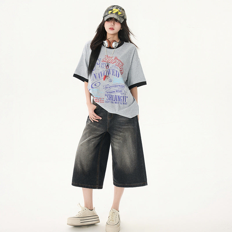 Women's Washed Seven-Quarter Denim Pants Loose Straight Wide-Leg Mid-Length Trousers