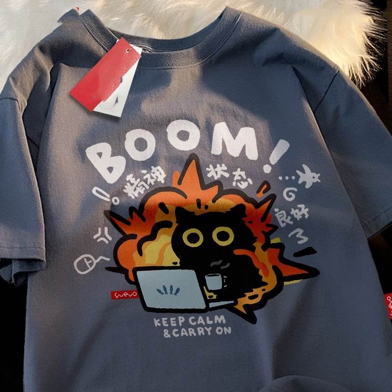 Black Cat Cotton Short-sleeved T-shirt Casual Loose Summer Breathable For Both Men And Women Starry Sky Gray MuddyStock