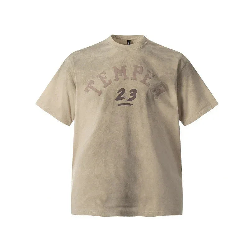 Letter print distressed dirty round neck loose short sleeved t-shirt for men | MuddyStock Originals Khaki