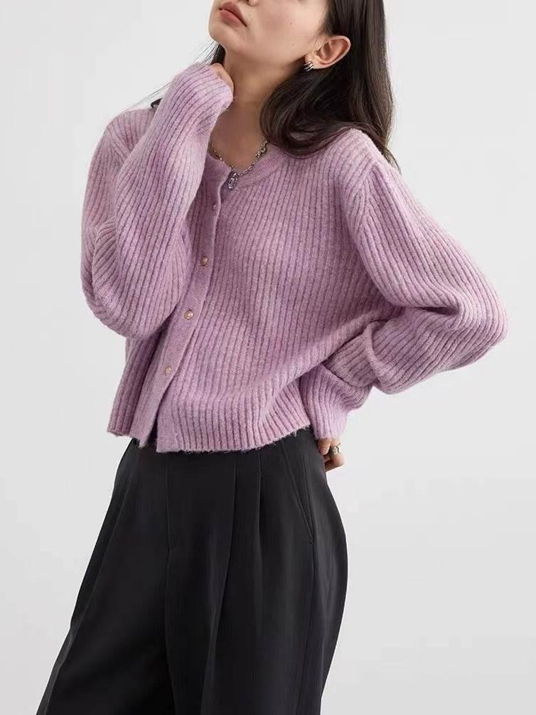 Autumn And Winter Simple Round Neck Knitted Cardigan Purple Free Size