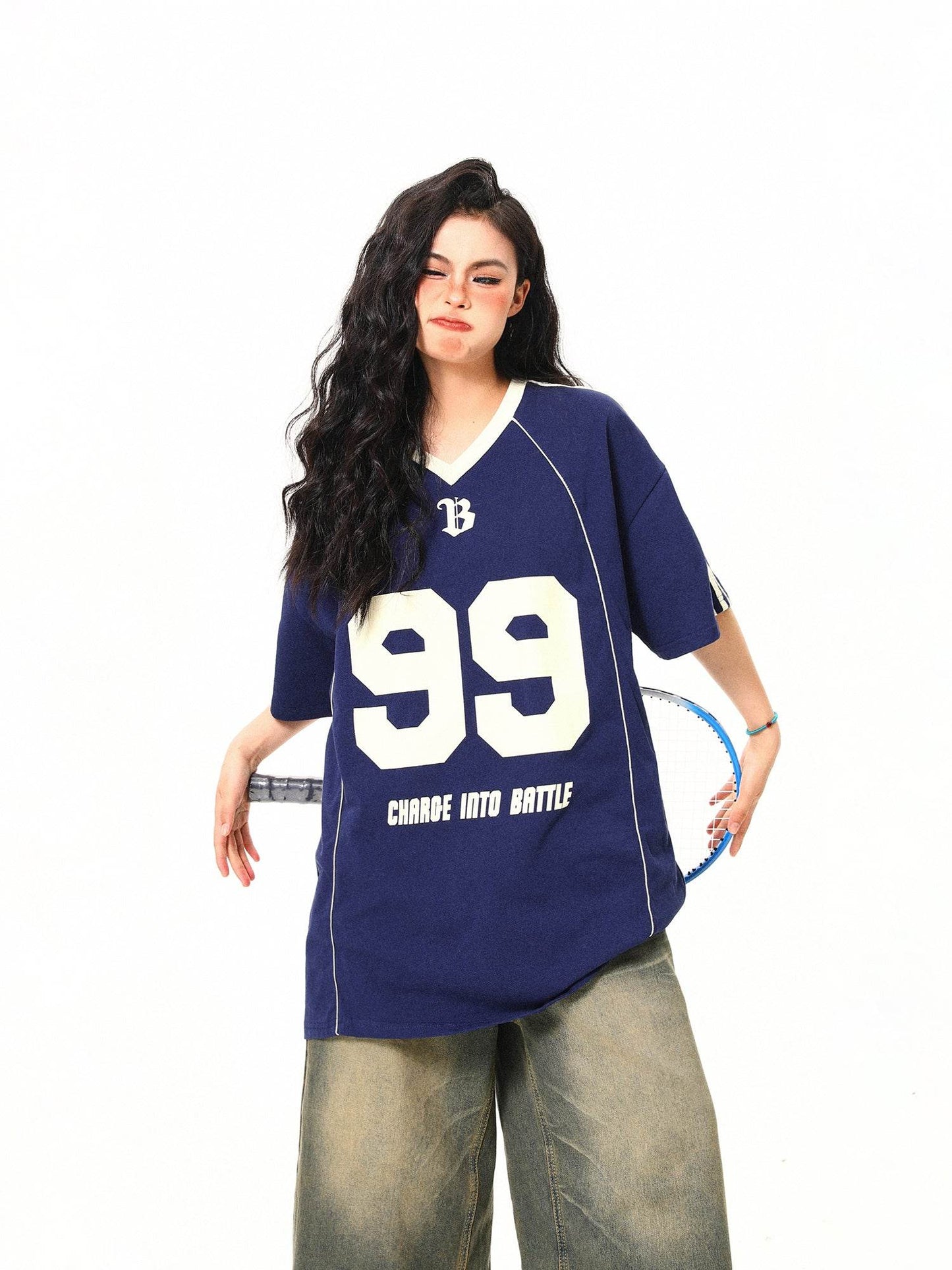 Retro V-neck Jersey Sports Style Short Sleeve T-shirt For Women MuddyStock