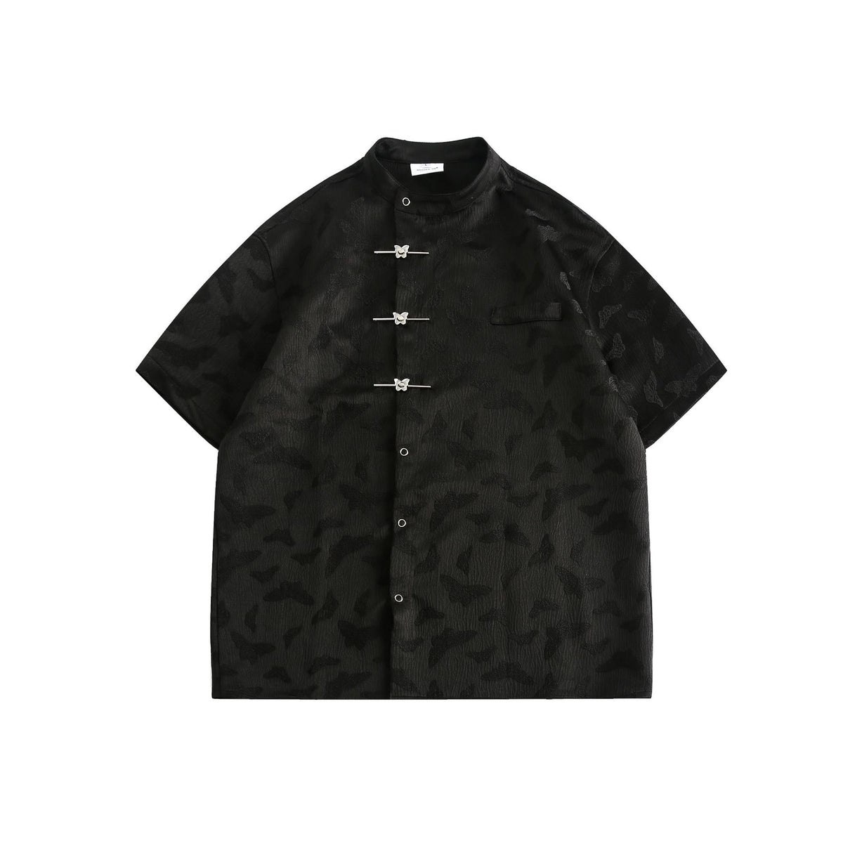 Short sleeved metal button men's shirt T-shirt Black