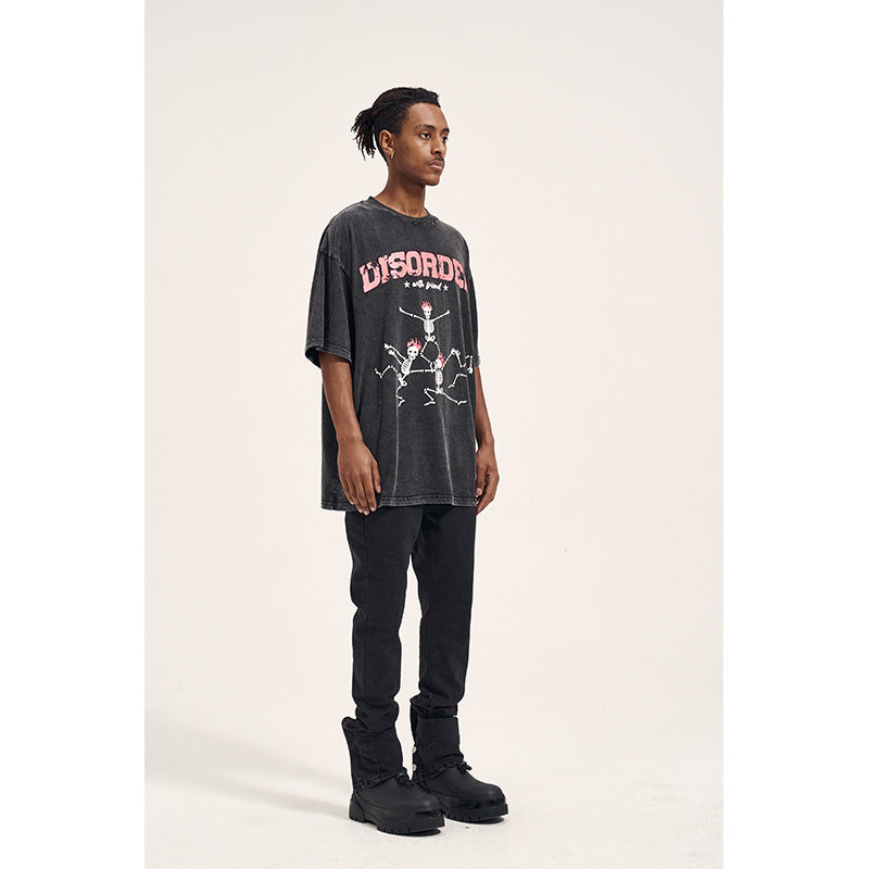 Vintage High Street Washed Old Bone Print Oversized Men's T-Shirt Black MuddyStock