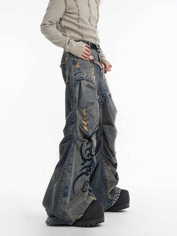 Retro Washed Distressed Zipper Embroidered Pleated Mopping Jeans MuddyStock