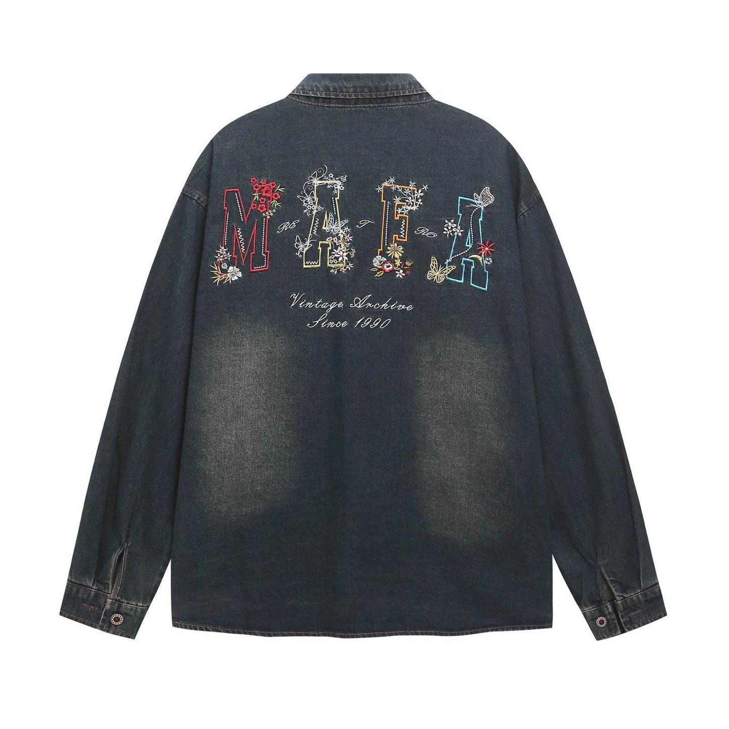 Floral Letter Embroidered Long Sleeve Denim Shirt For Men And Women | MuddyStock Originals MuddyStock