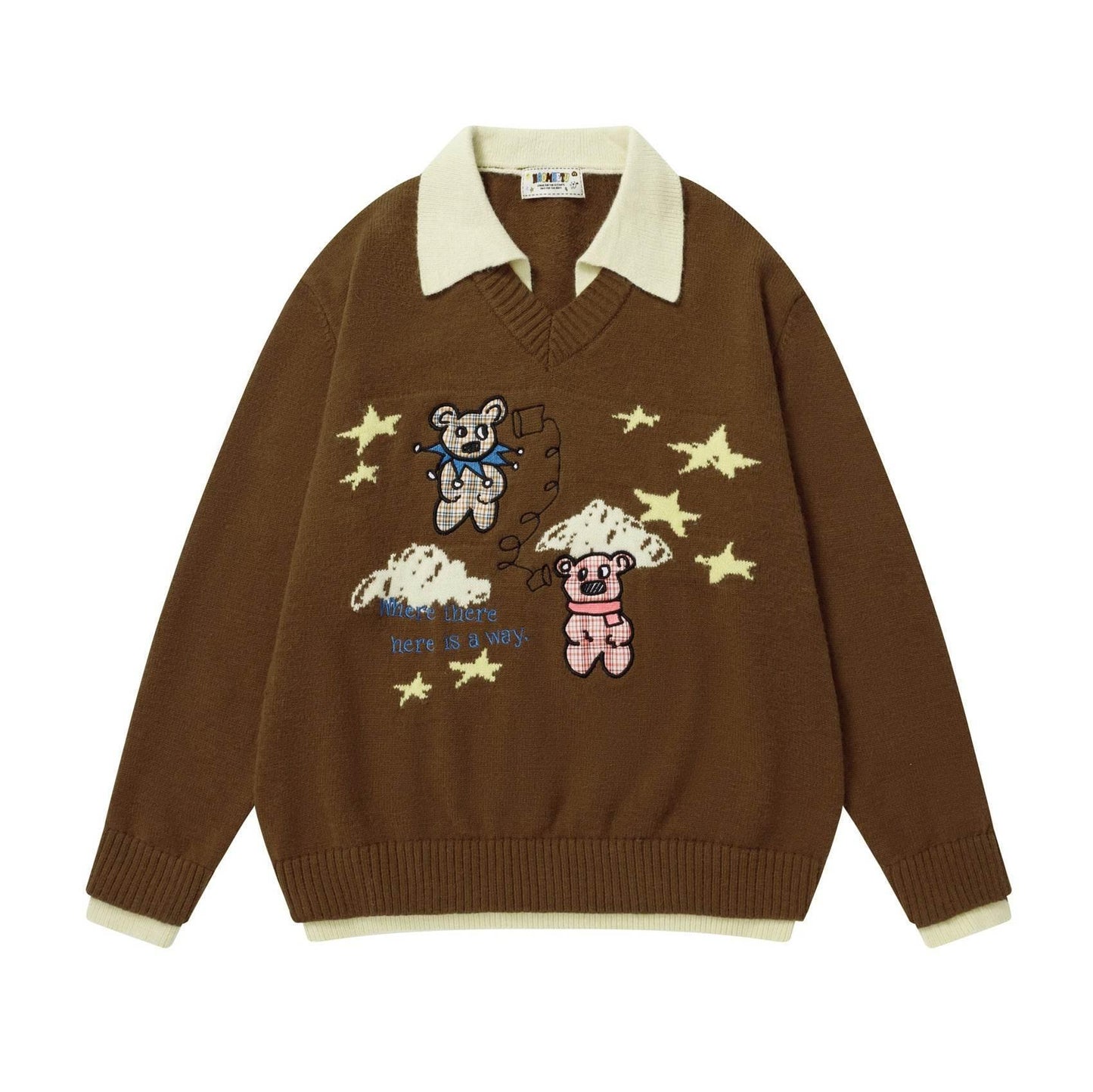 Retro Bear Print Turn-Down Collar Sweater For Men And Women | MuddyStock Originals Coffee Brown