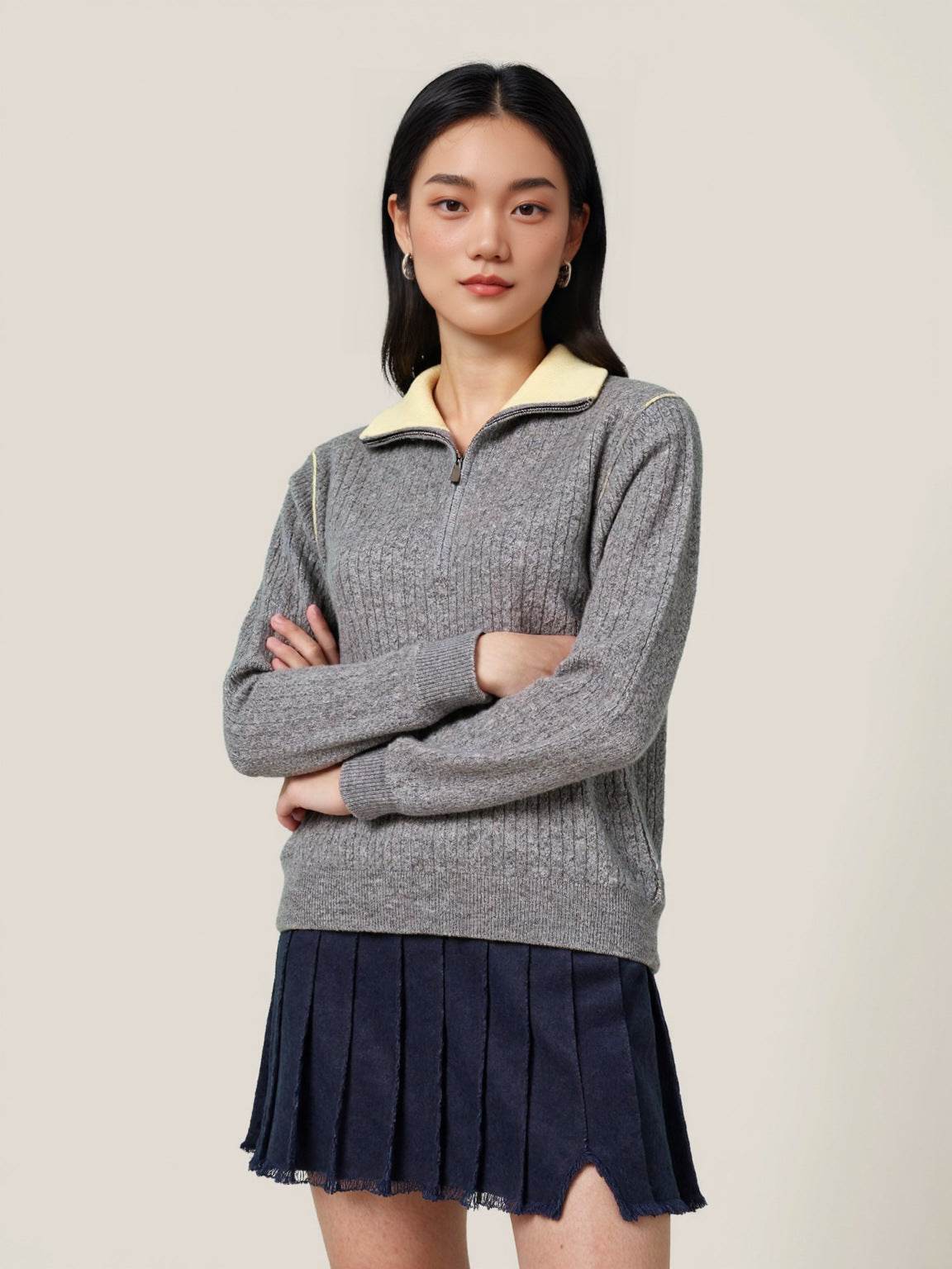 Half-Zip Turn-Down Collar Wool Sweater For Women | MuddyStock Originals Light Gray MuddyStock