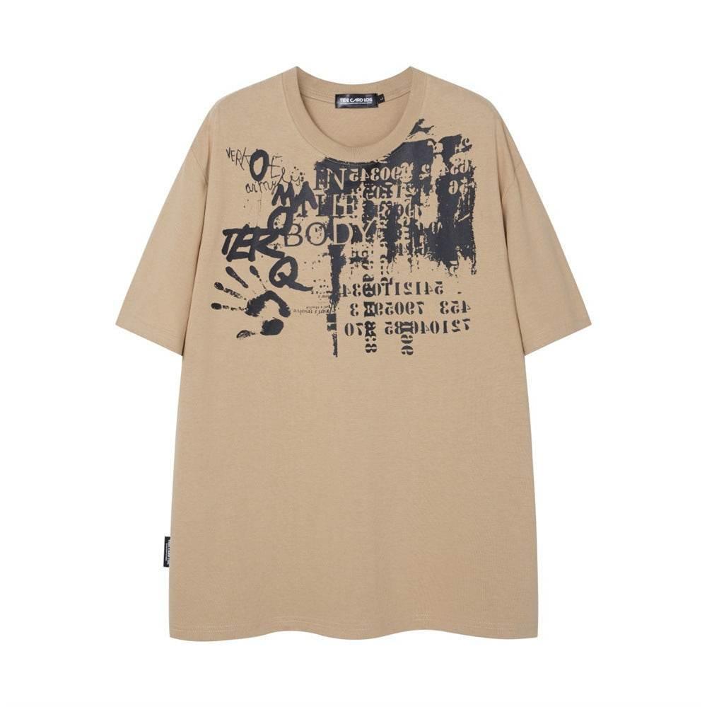 Palm Print Abstract Printing Short Sleeve T-shirt For Men Khaki