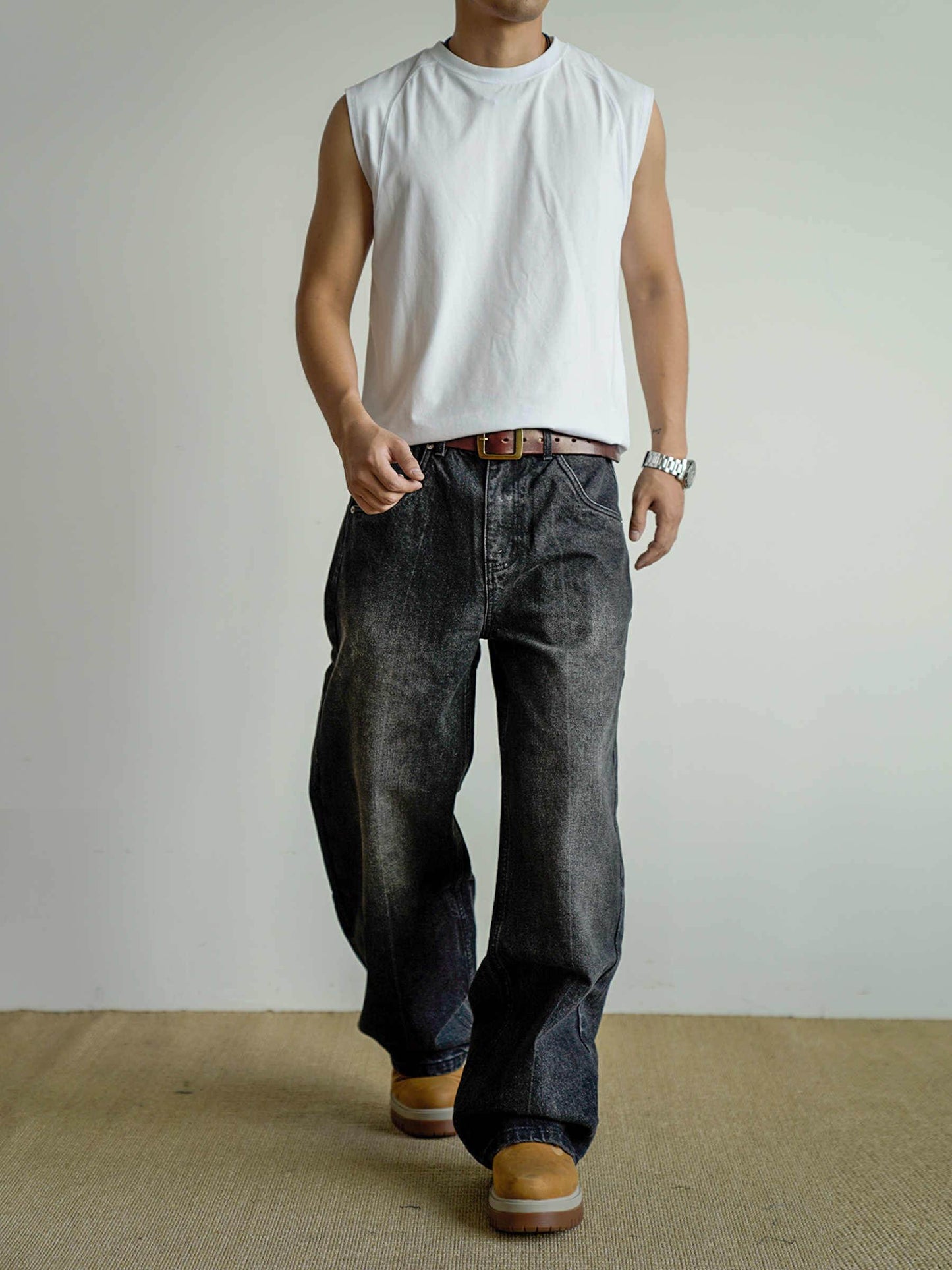 Loose Straight Washed Distressed Black Jeans MuddyStock