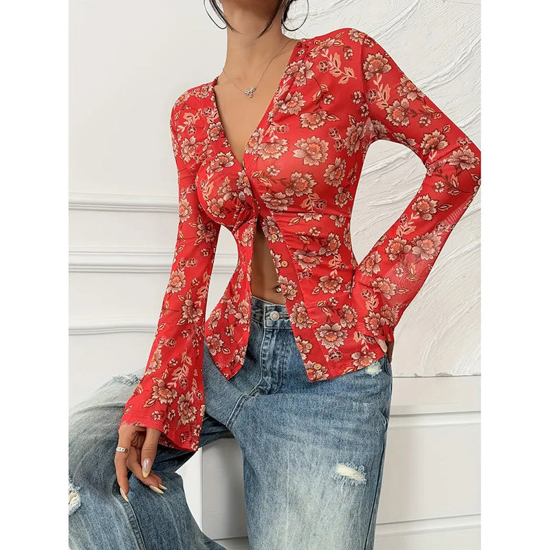 Women Button Down Long Sleeve V Neck Ruched Fitted Top MuddyStock