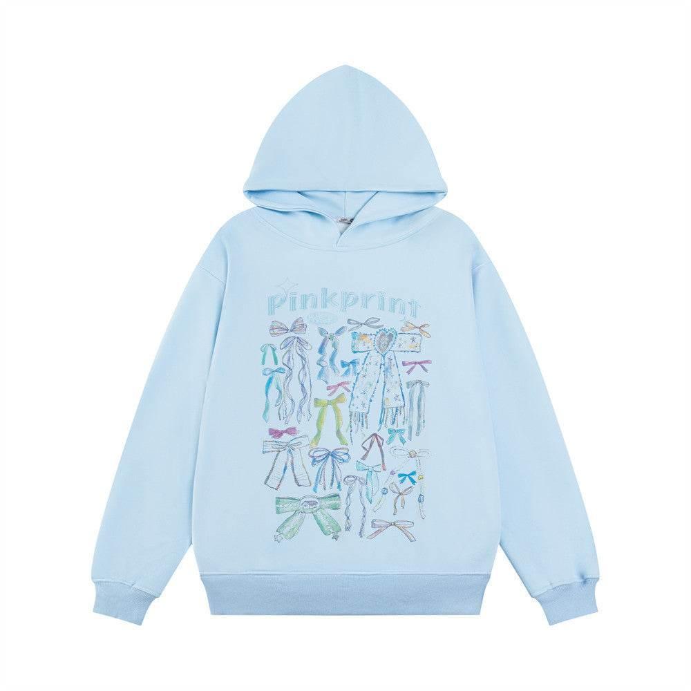 Bow Graffiti Printed Hoodie For Women Blue