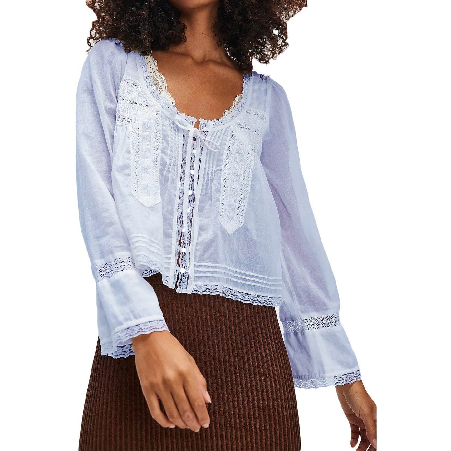 Lace U-shaped Lace Collar Long Sleeve Light Shirt Lavender Purple MuddyStock