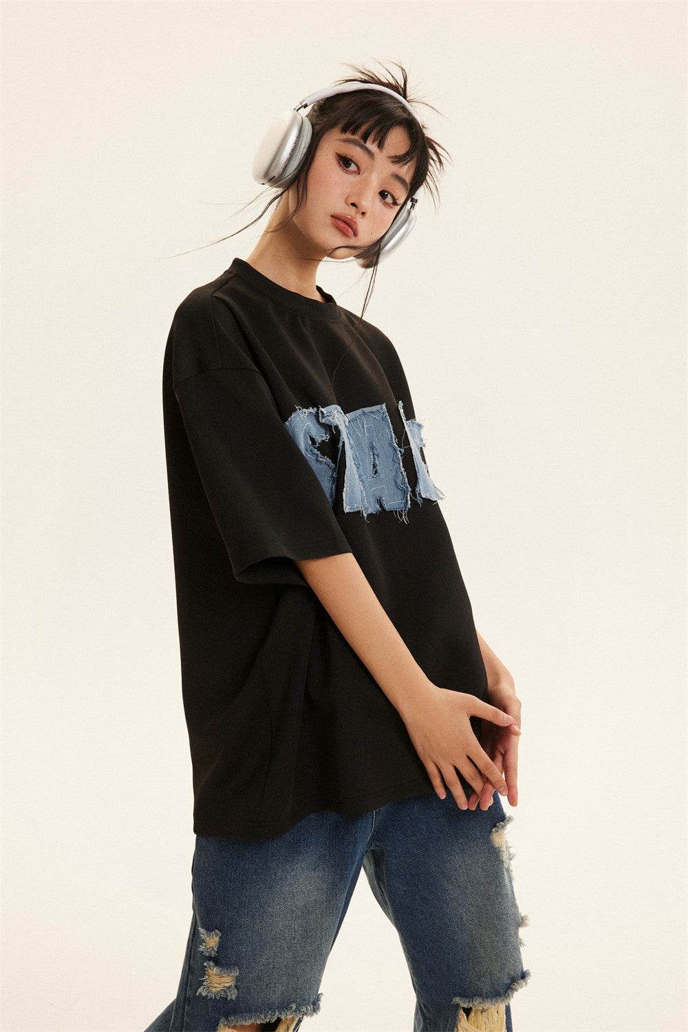 Letter Denim Patch Short Sleeve Clothing MuddyStock