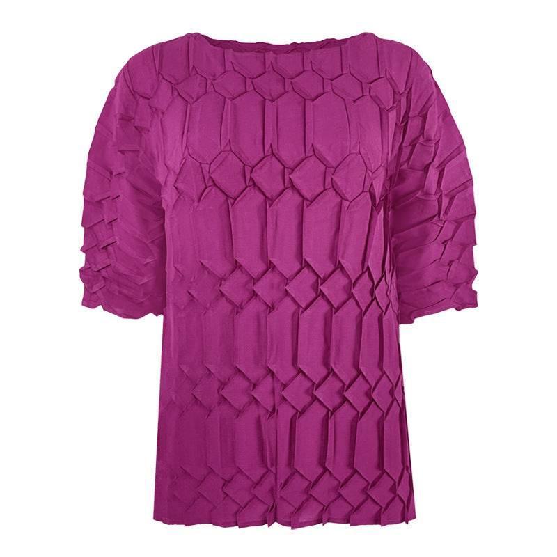 Spring new pleated large size women's loose round neck top | MuddyStock Originals Rose red one size