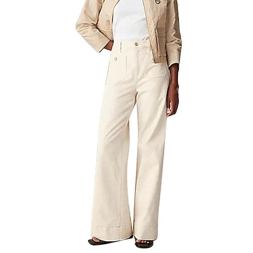 Women's Loose Leisure Washed-out Button Wide-leg Skinny Jeans White Lengthened