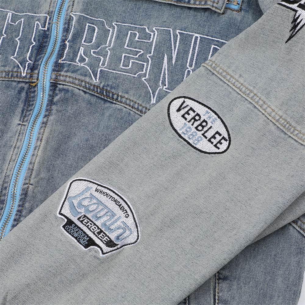Men's Stitching Embroidered Letters Washed And Worn Zipper Denim Coat For Men And Women MuddyStock