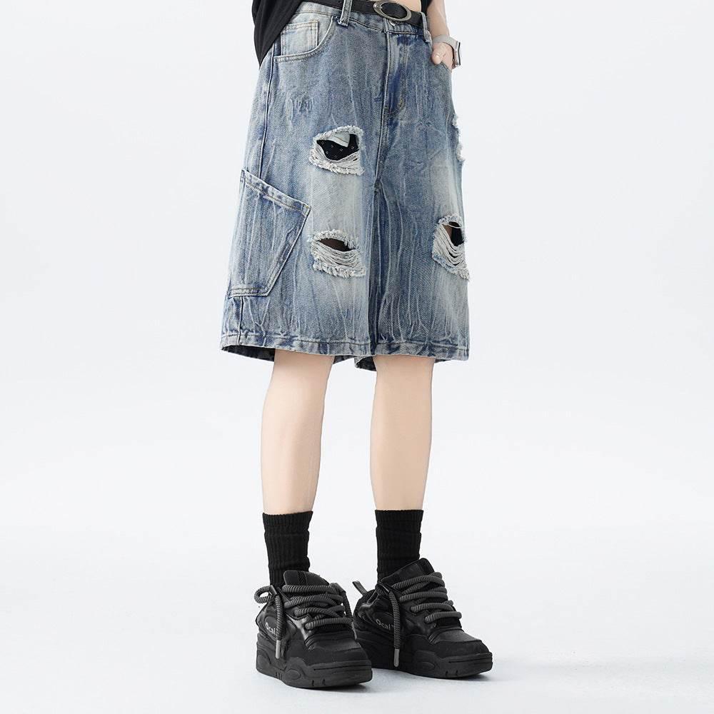 Ripped Denim Shorts For Men Blue