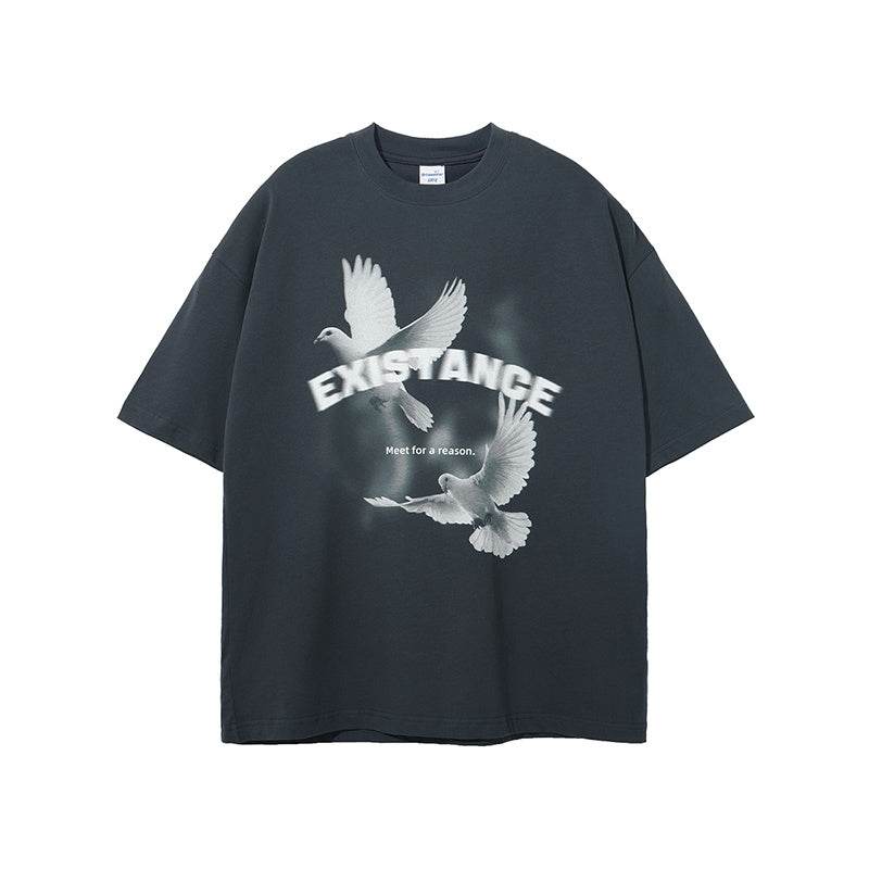 Dove Printed Casual Loose Fitting T-shirt For Men Dark Grey MuddyStock