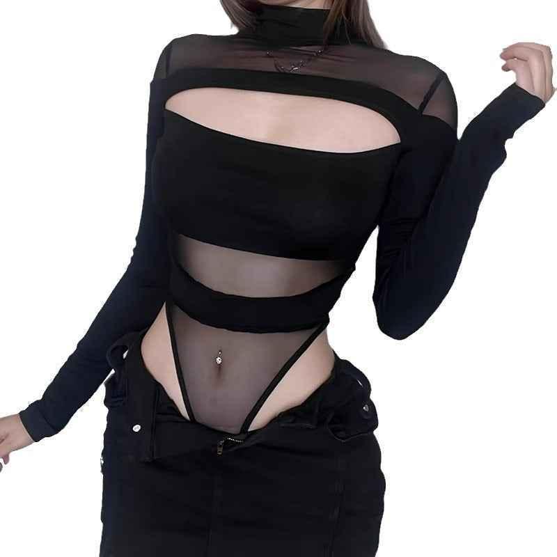Mesh See-through Jumpsuit Half Turtleneck Top For Women