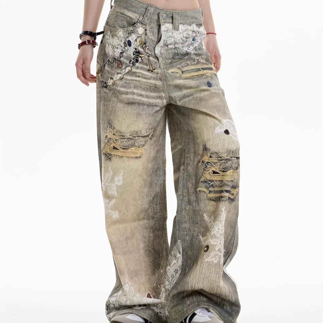 Cross Printed Jeans Women's Wide-leg Pants MuddyStock