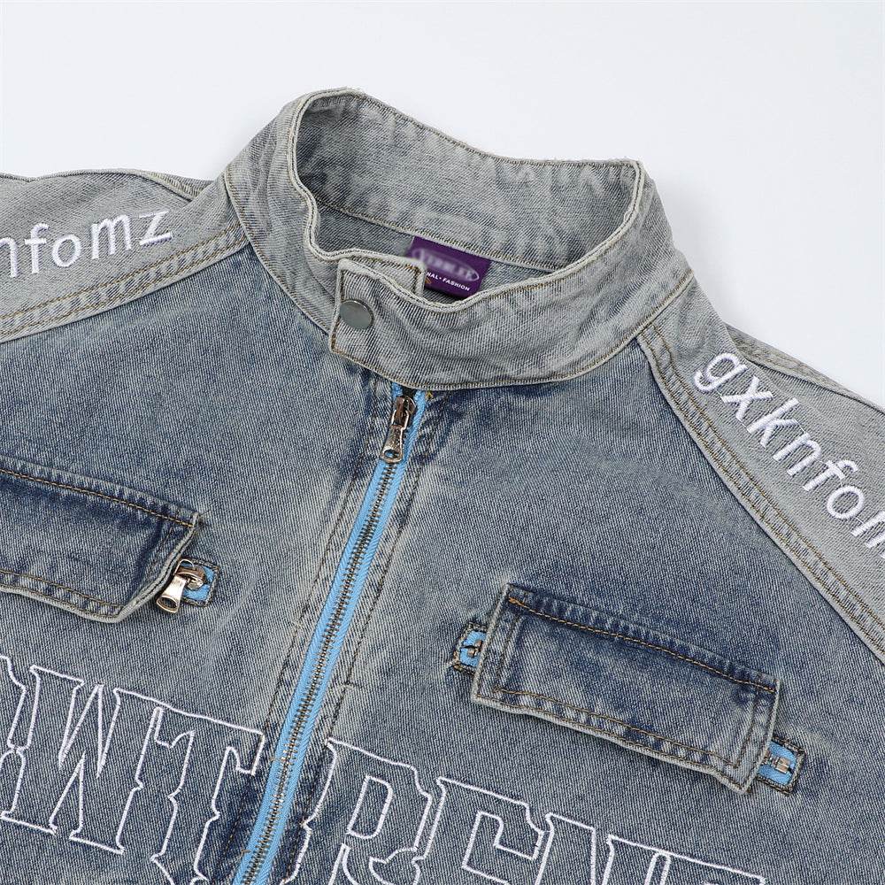 Men's Stitching Embroidered Letters Washed And Worn Zipper Denim Coat For Men And Women MuddyStock