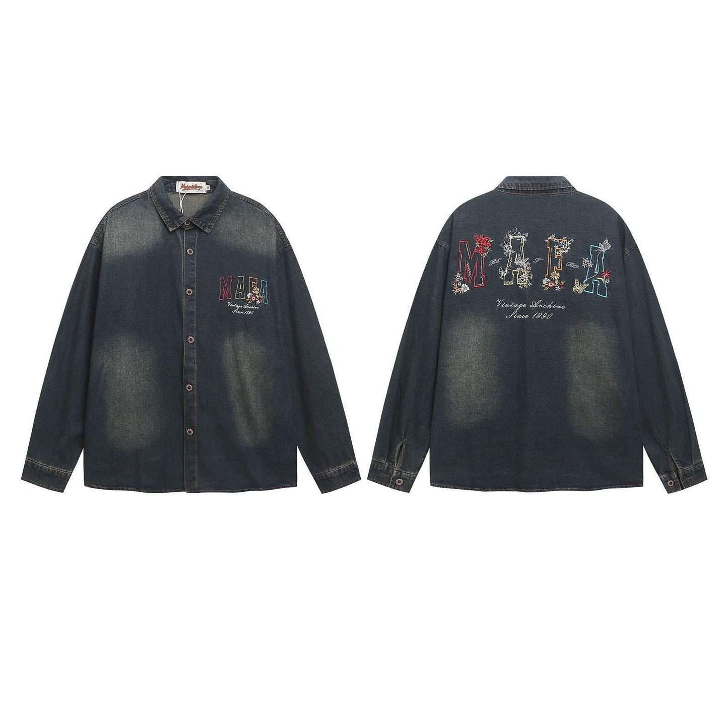 Floral Letter Embroidered Long Sleeve Denim Shirt For Men And Women | MuddyStock Originals