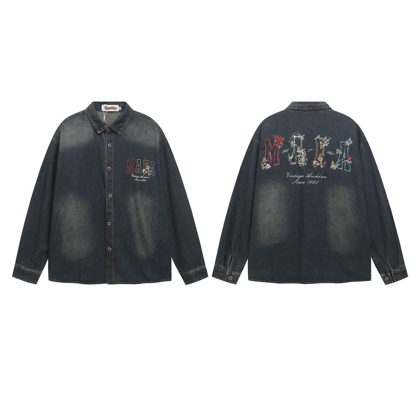 Floral Letter Embroidered Long Sleeve Denim Shirt For Men And Women | MuddyStock Originals MuddyStock