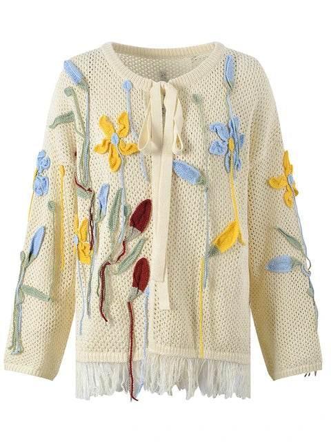 Floral lace up knitted cardigan top for women | MuddyStock Originals White