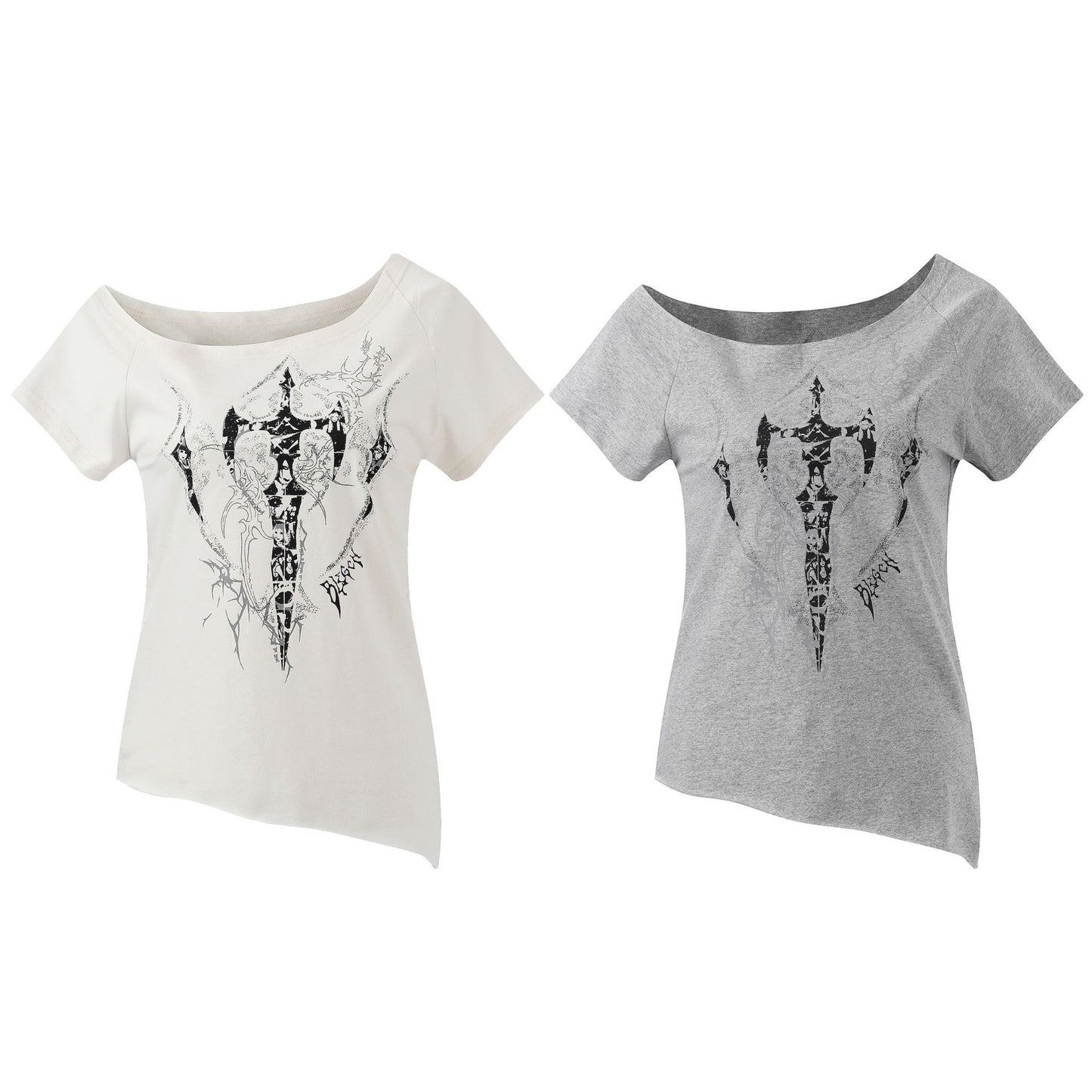 Off-Shoulder Short Sleeve T-Shirt , Cross Print Irregular Pure Seductive Style Fitted Comfortable Top