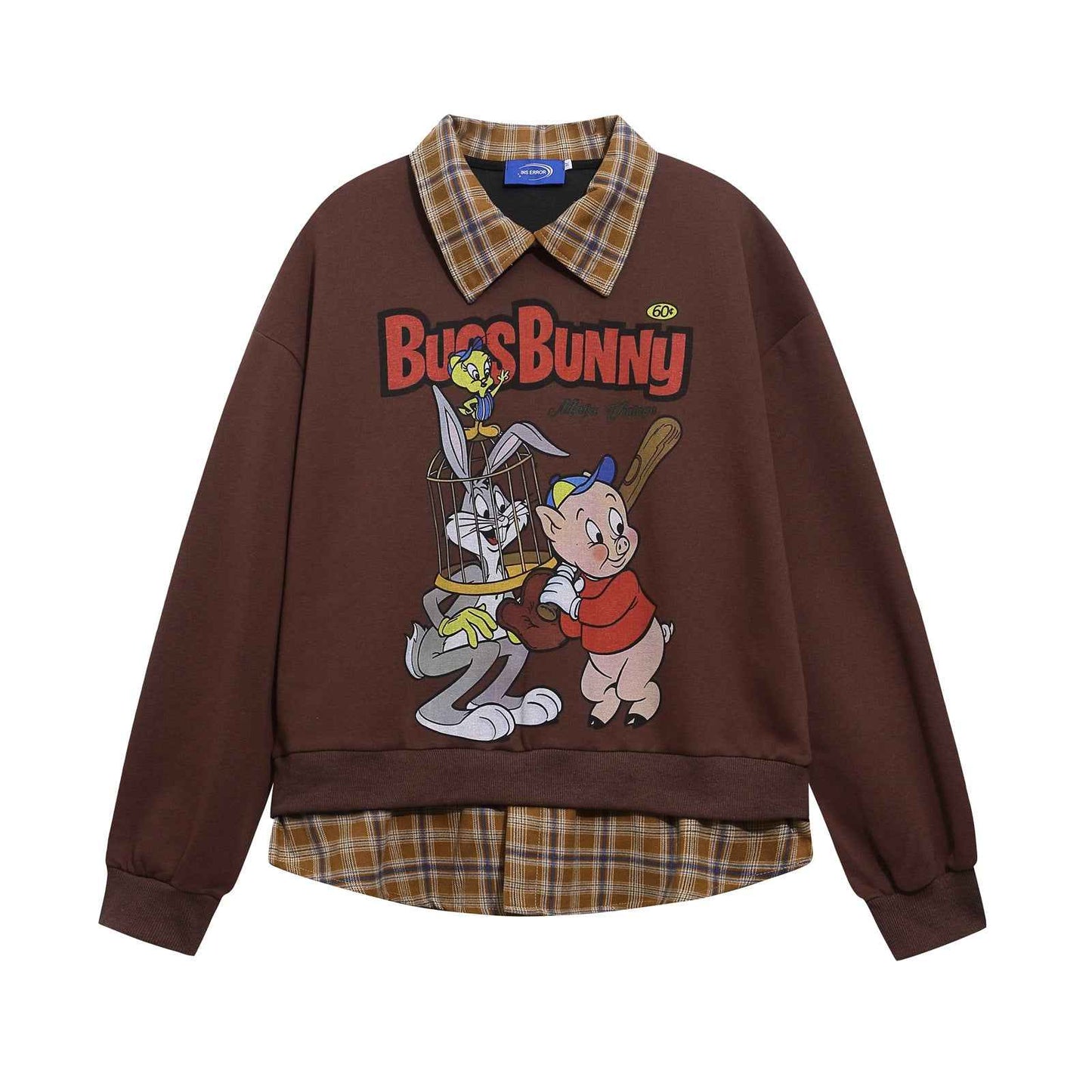 Retro Cartoon Print Patchwork Fake Two-Piece Polo Neck Sweatshirt For Men And Women | MuddyStock Originals Brown MuddyStock