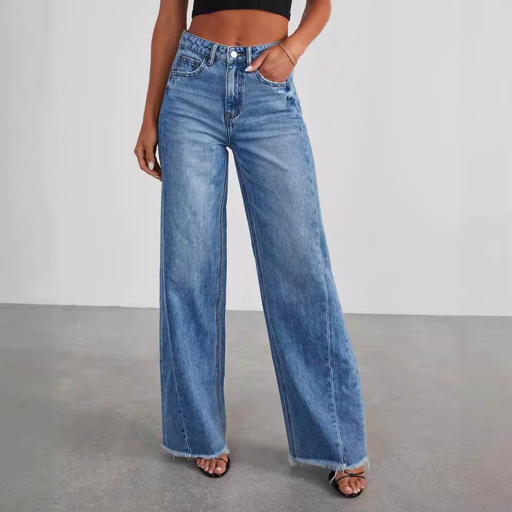 Loose wide leg side seam splicing, brushed hem denim jeans for women | MuddyStock Originals MuddyStock