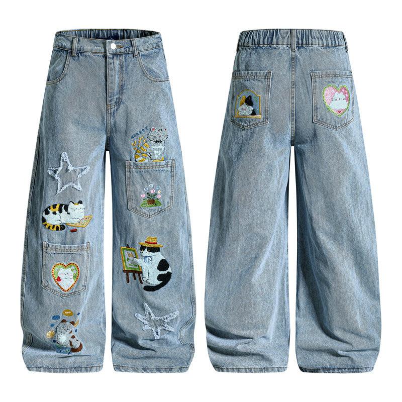 Retro Cartoon Embroidery Denim Pants For Men And Women