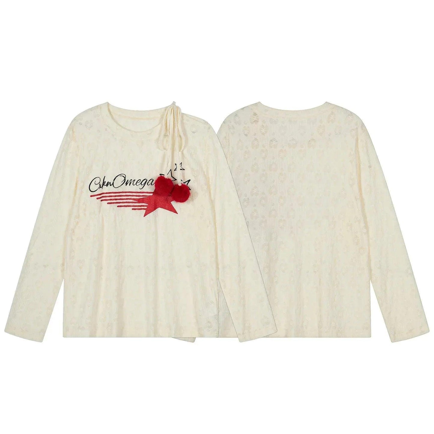 Retro printed wool ball strap off shoulder long sleeved T-shirt for women| MuddyStock Originals