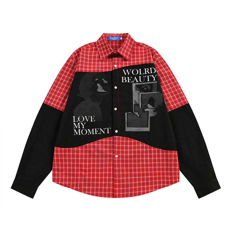 Men's Loose Hip Hop Style Color Block Irregular Plaid Long Sleeve Shirt Red
